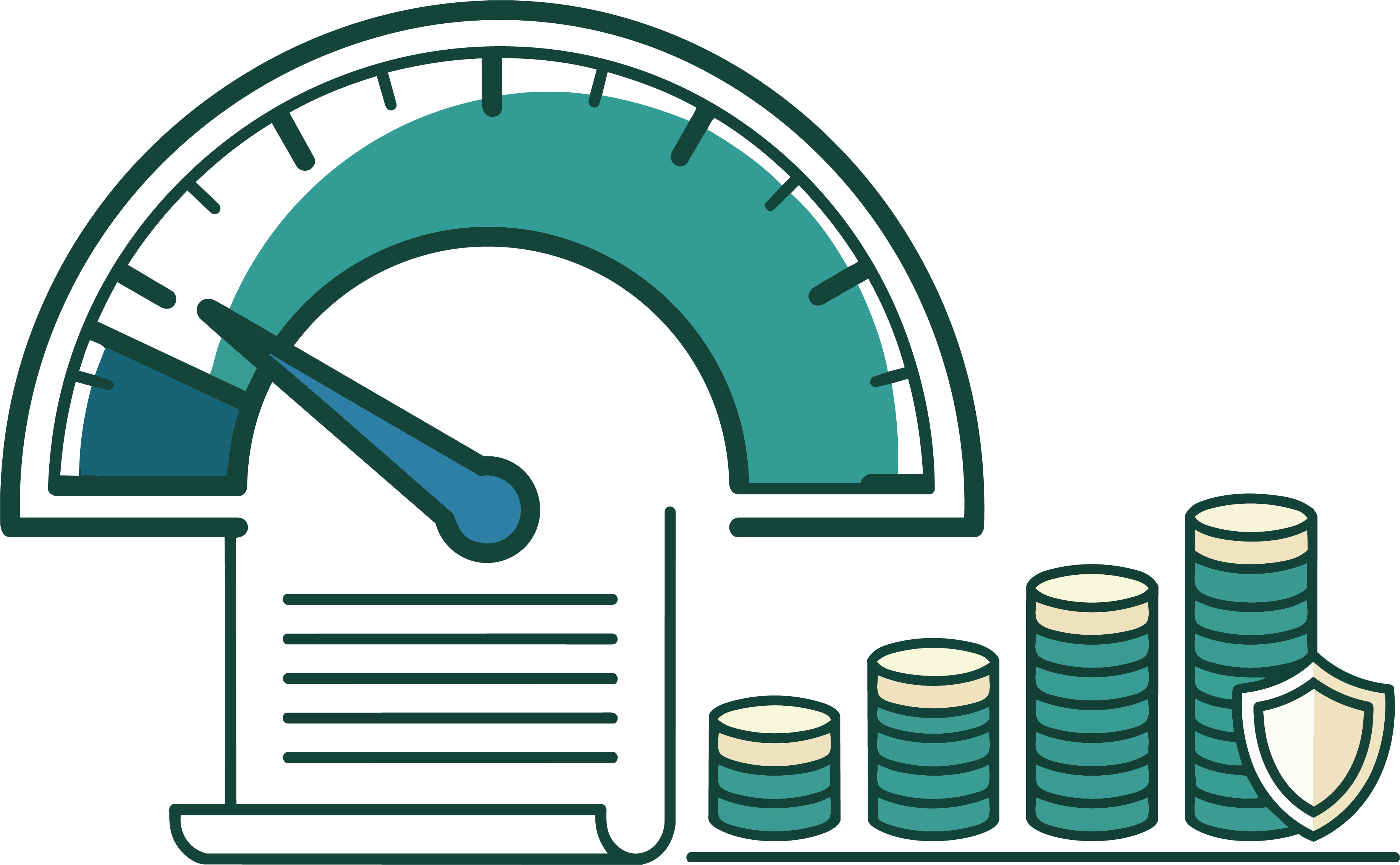 A nonprofit runway gauge: a fuel-style dial reading in months of cash, sitting on a balance sheet, with a thin danger zone below three months.