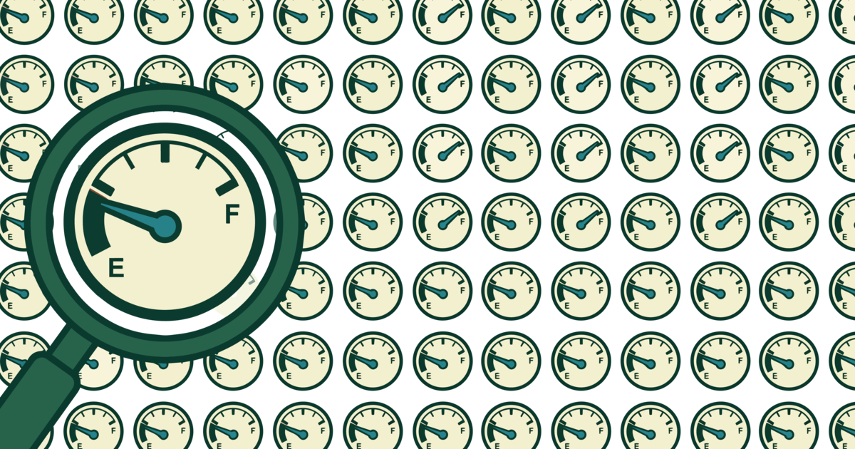 A field of tiny fuel gauges stretching to the horizon, one gauge magnified under a lens, most needles sitting near the low end of the dial.