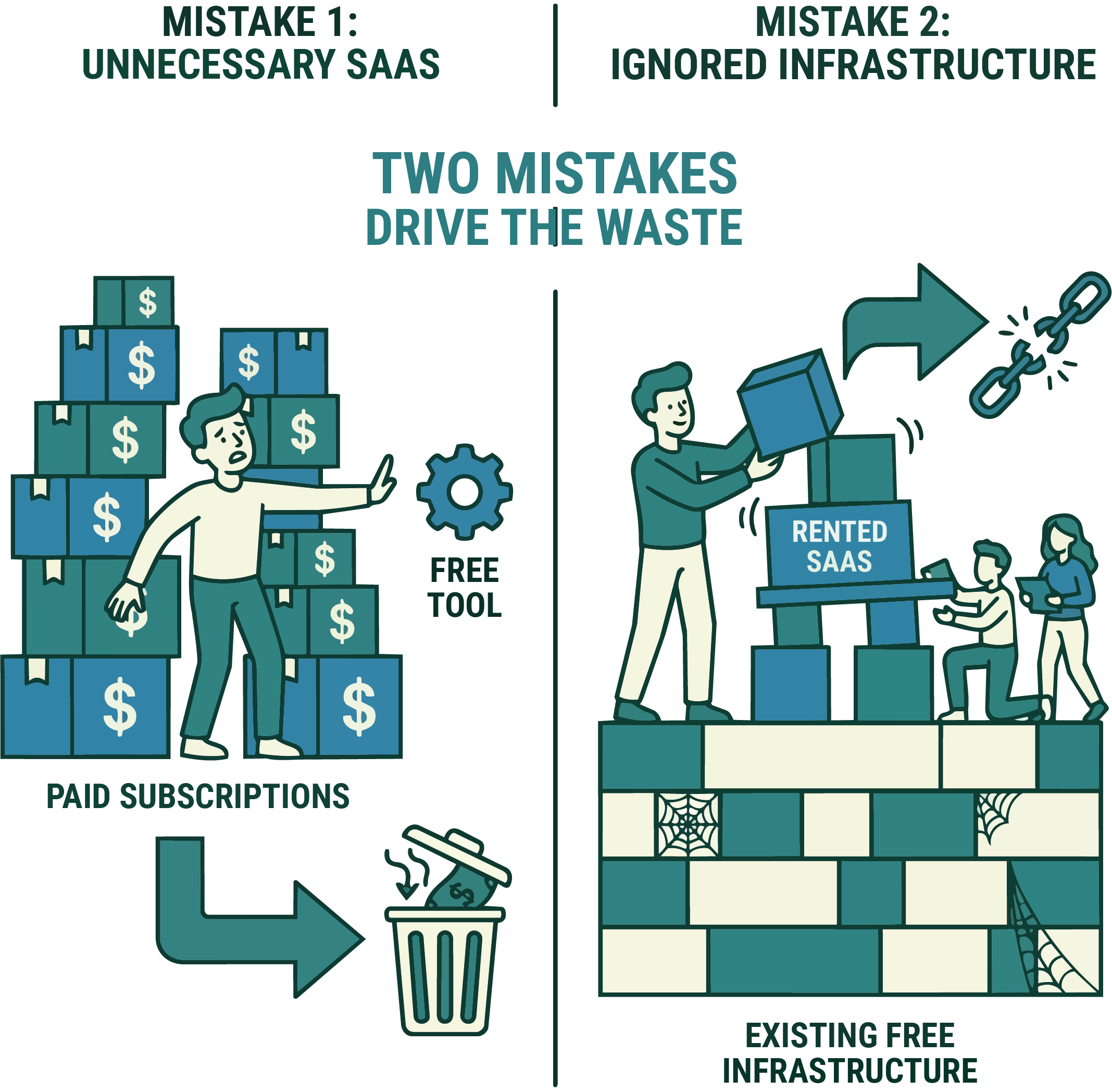 Two mistakes drive the waste. Left: 'Unnecessary SaaS' — a person surrounded by a wall of paid-subscription boxes throwing money in the trash while a free tool sits ignored. Right: 'Ignored infrastructure' — a team building atop a solid brick wall of existing free infrastructure that has gathered cobwebs, discarding a 'Rented SaaS' block.